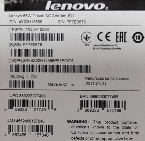 4X20H15596 Lenovo Netzteil 65W Slim Tip